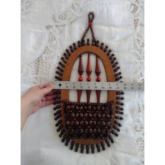 VTG Wood Bead Beaded Plant Hanger Hanging Wall Pocket Sconce Boho Tribal 70s - Picture 5 of 8